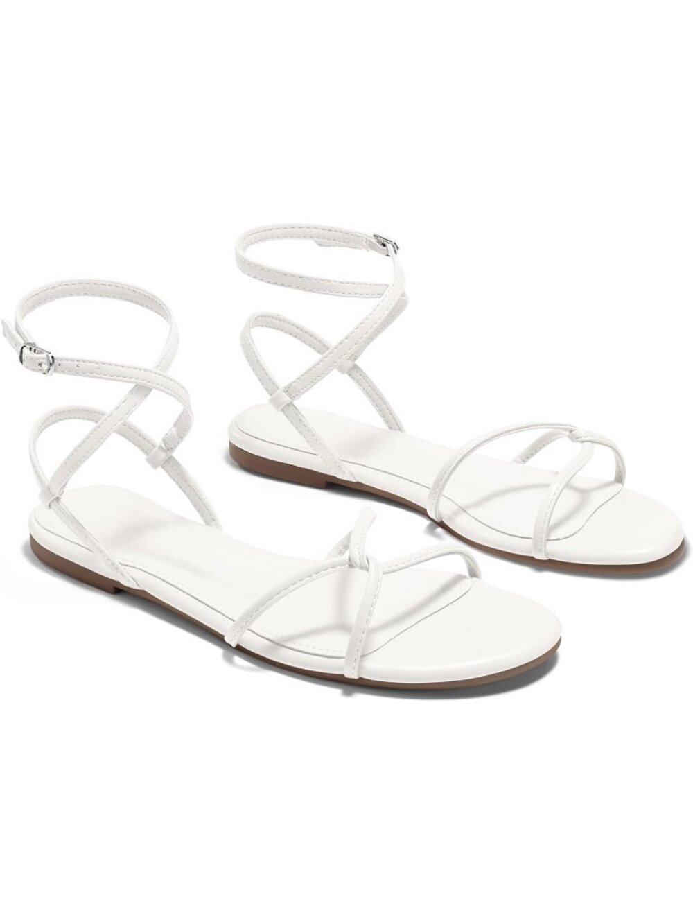 Women's White Strappy Flats Open Toe Cross Lace Up Buckle Ankle Strap Sandals